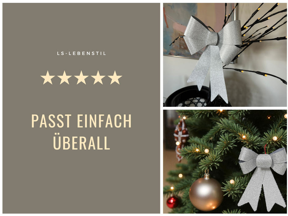 KI-generiertes Bild,2x XXL Weihnachtsschleife Set 29cm Silber - funkelnd Schleife für Weihnachts-Deko