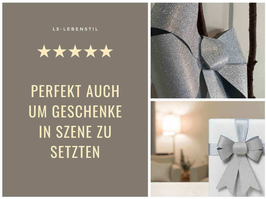 KI-generiertes Bild,2x XXL Weihnachtsschleife Set 29cm Silber - funkelnd Schleife für Weihnachts-Deko