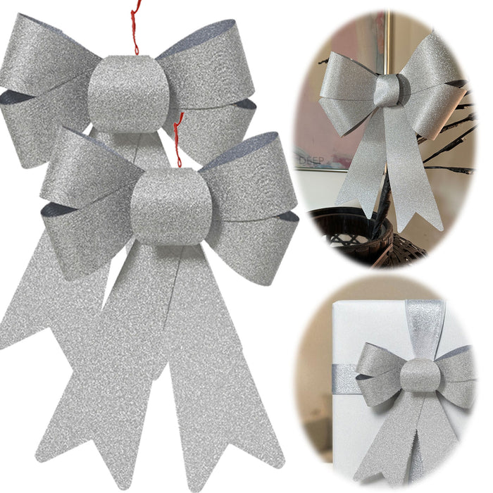 KI-generiertes Bild 2x XXL Weihnachtsschleife Set 29cm Silber - funkelnd Schleife für Weihnachts-Deko