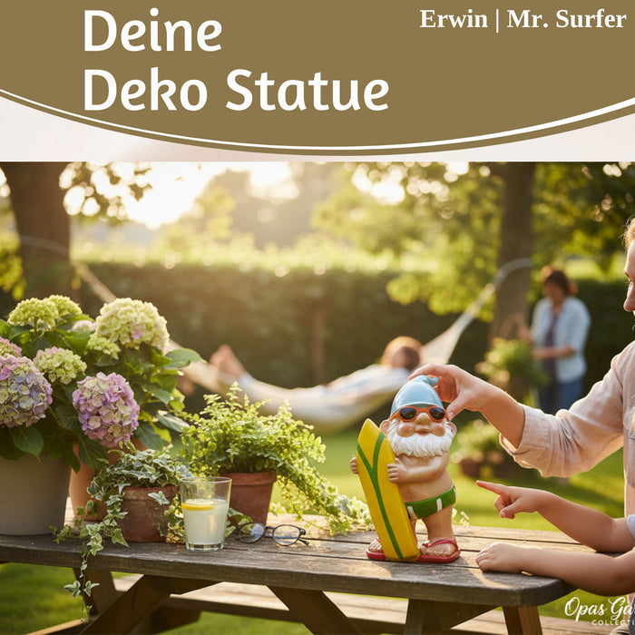 KI-generiertes Bild,XL Deko Figur Gartenzwerg Surfer 20cm Gnom Skulptur Gartenstatue Statue Objekt