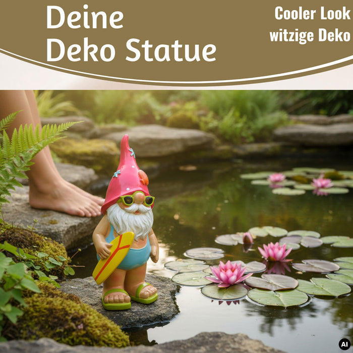 KI-generiertes Bild,XL Deko Figur Gartenzwerg Surfer 23cm Gnom Skulptur Gartenstatue Statue Objekt