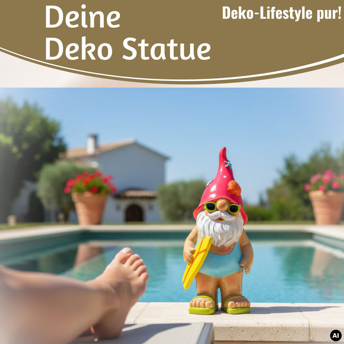 KI-generiertes Bild,XL Deko Figur Gartenzwerg Surfer 23cm Gnom Skulptur Gartenstatue Statue Objekt