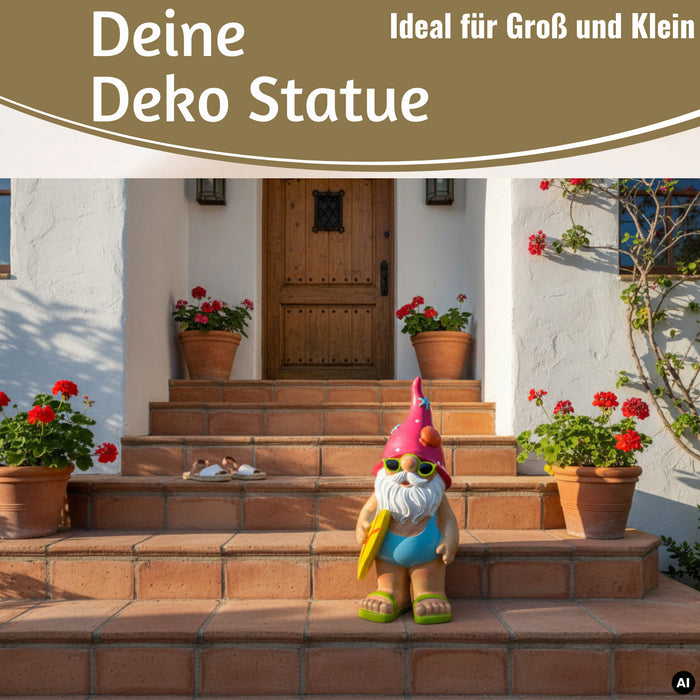 KI-generiertes Bild,XL Deko Figur Gartenzwerg Surfer 23cm Gnom Skulptur Gartenstatue Statue Objekt