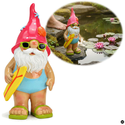 KI-generiertes Bild XL Deko Figur Gartenzwerg Surfer 23cm Gnom Skulptur Gartenstatue Statue Objekt