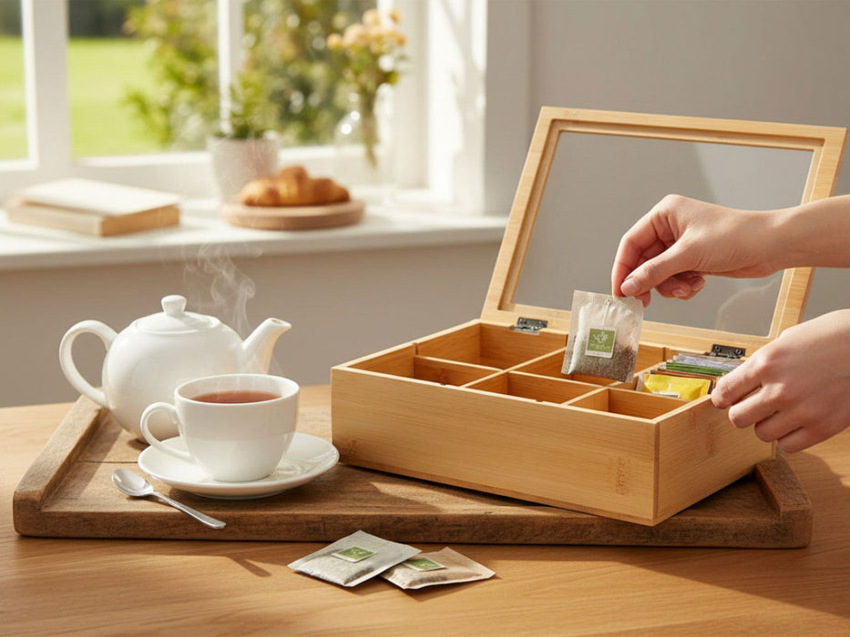 KI-generiertes Bild,Holz Aufbewahrungsbox Teebox 6 Fächer mit Deckel Schmuckkiste Teekiste Teekasten