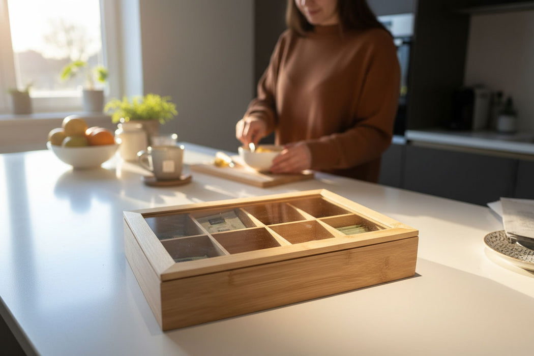 KI-generiertes Bild,Holz Aufbewahrungsbox Teebox 8 Fächer mit Deckel Schmuckkiste Teekiste Teekasten