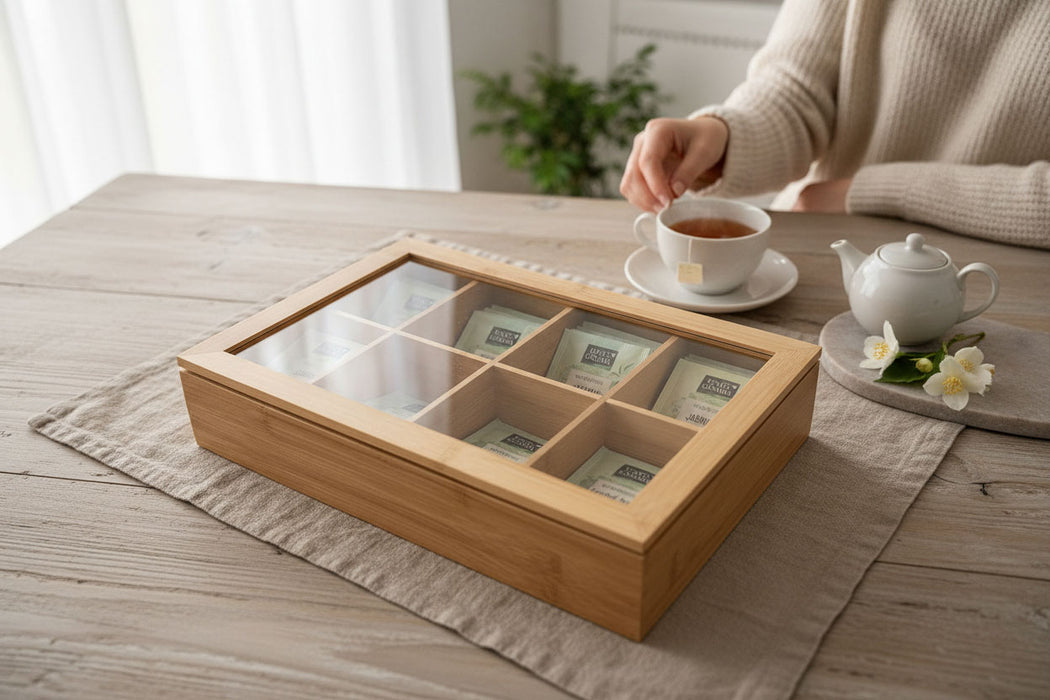 KI-generiertes Bild,Holz Aufbewahrungsbox Teebox 8 Fächer mit Deckel Schmuckkiste Teekiste Teekasten