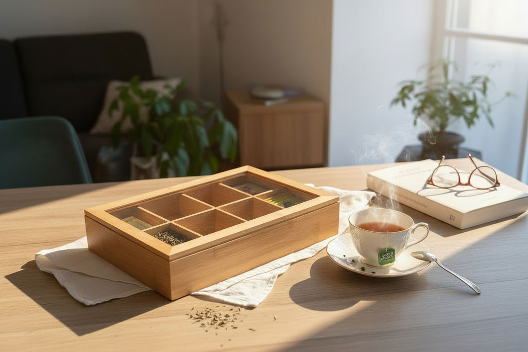 KI-generiertes Bild,Holz Aufbewahrungsbox Teebox 8 Fächer mit Deckel Schmuckkiste Teekiste Teekasten
