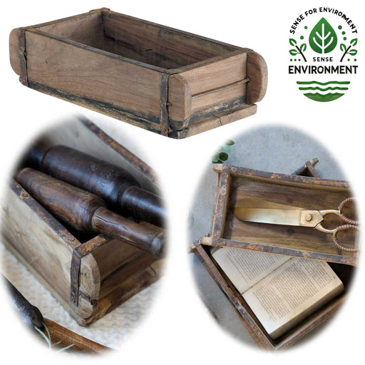 KI-generiertes Bild Holz Ziegelform 32x16x10cm Unika Braun alte Backsteinform Cutlery Deko