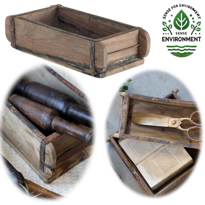 KI-generiertes Bild Holz Ziegelform 32x16x10cm Unika Braun alte Backsteinform Cutlery Deko