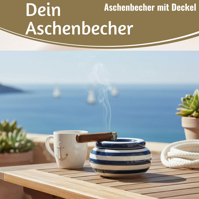 KI-generiertes Bild,XL Sturmaschenbecher 14x9cm Blau Weiß Windaschenbecher Aschenbecher
