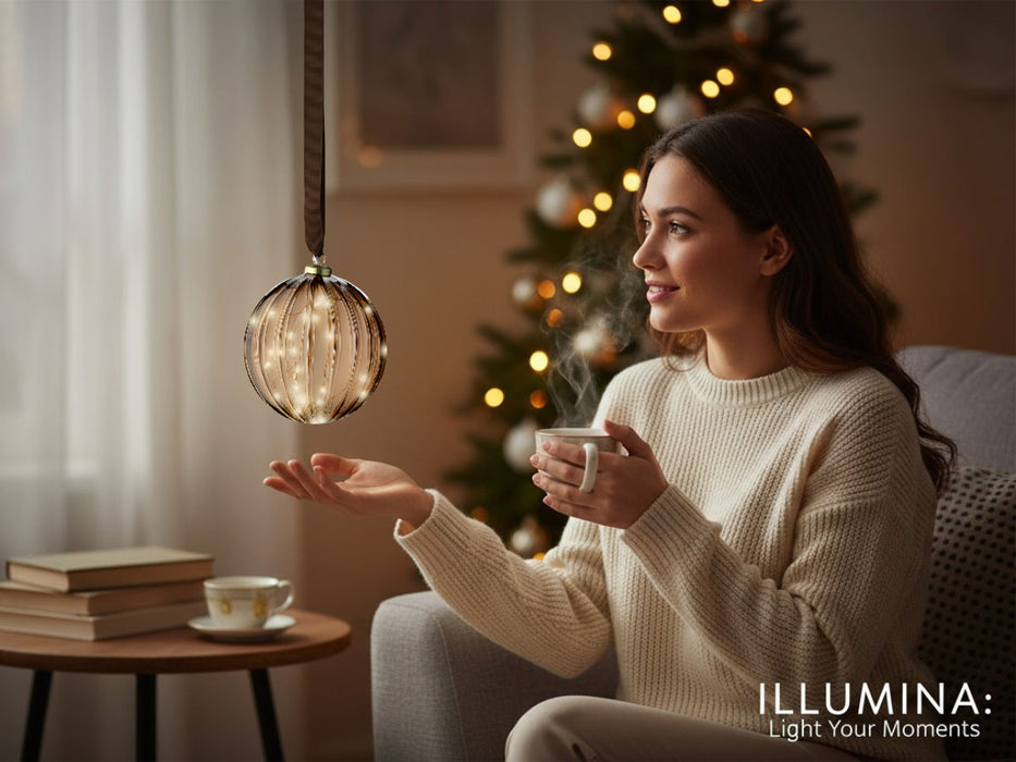 KI-generiertes Bild,XL Deko Glas Lichtkugel 15LED 10cm Gold Braun Glaskugel Timer Batterie Anhängen