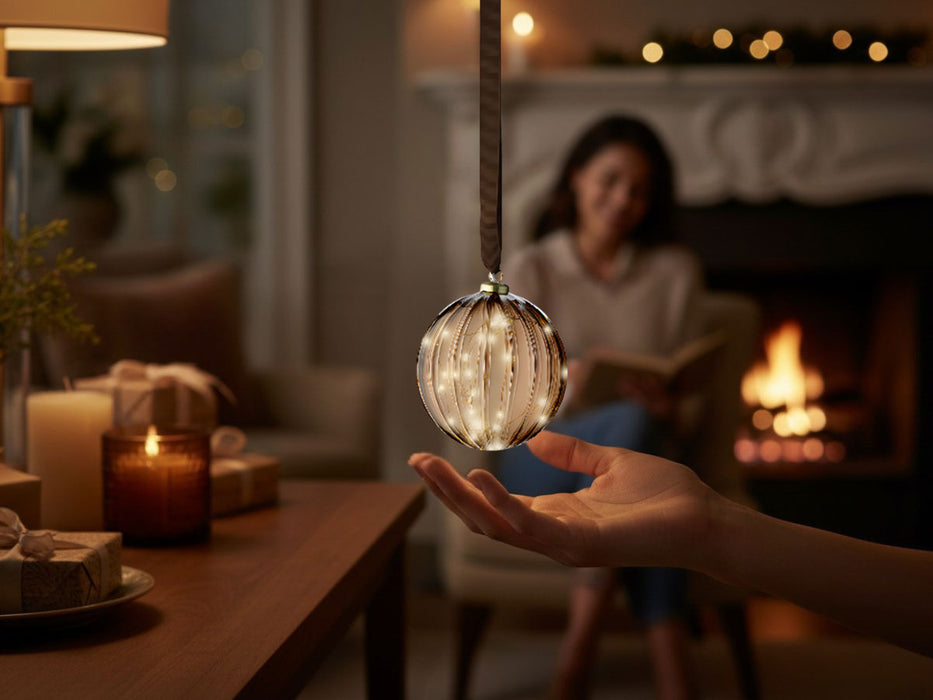 KI-generiertes Bild,XL Deko Glas Lichtkugel 15LED 10cm Gold Braun Glaskugel Timer Batterie Anhängen