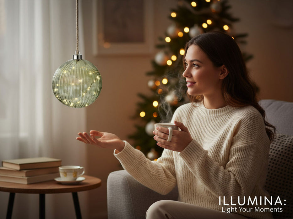 KI-generiertes Bild,XL Deko Glas Lichtkugel 15LED 10cm Grün Silber Glaskugel Timer Batterie Anhängen