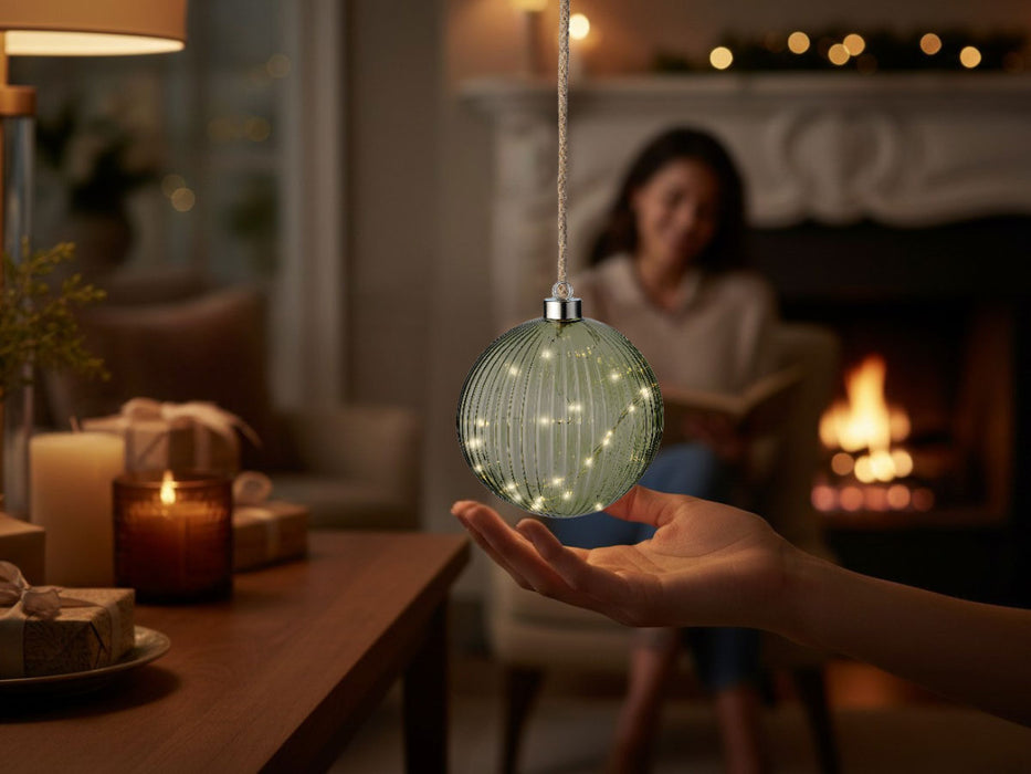 KI-generiertes Bild,XL Deko Glas Lichtkugel 15LED 10cm Grün Silber Glaskugel Timer Batterie Anhängen