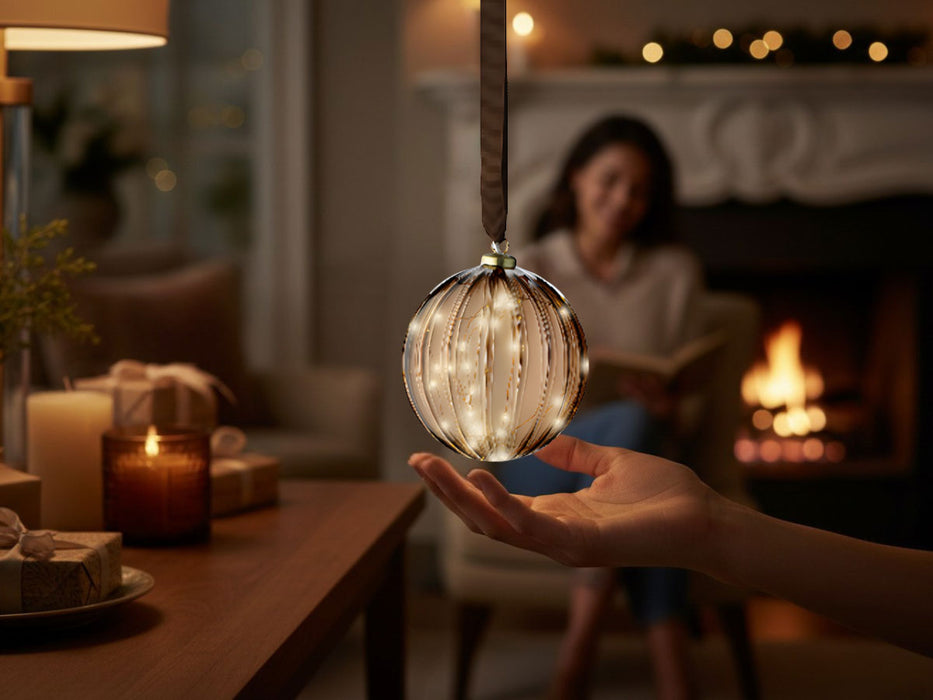 KI-generiertes Bild,XL Deko Glas Lichtkugel 30LED 14cm Gold Braun Glaskugel Timer Batterie Anhängen