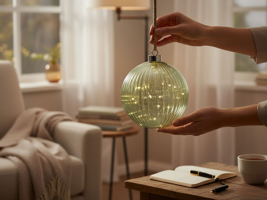 KI-generiertes Bild,XL Deko Glas Lichtkugel 15 LED 16cm Diamant Klar Gold Timer Batterie Gold zum Anhängen