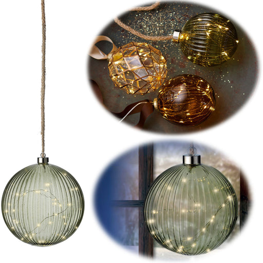KI-generiertes Bild XL Deko Glas Lichtkugel 15LED 10cm Grün Silber Glaskugel Timer Batterie Anhängen