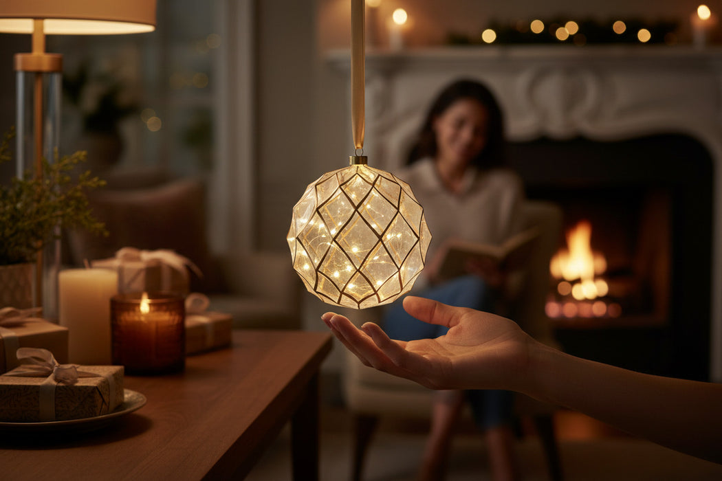 KI-generiertes Bild,XL Deko Glas Lichtkugel 30LED 14cm Gold Klar Glaskugel Timer Batterie Anhängen
