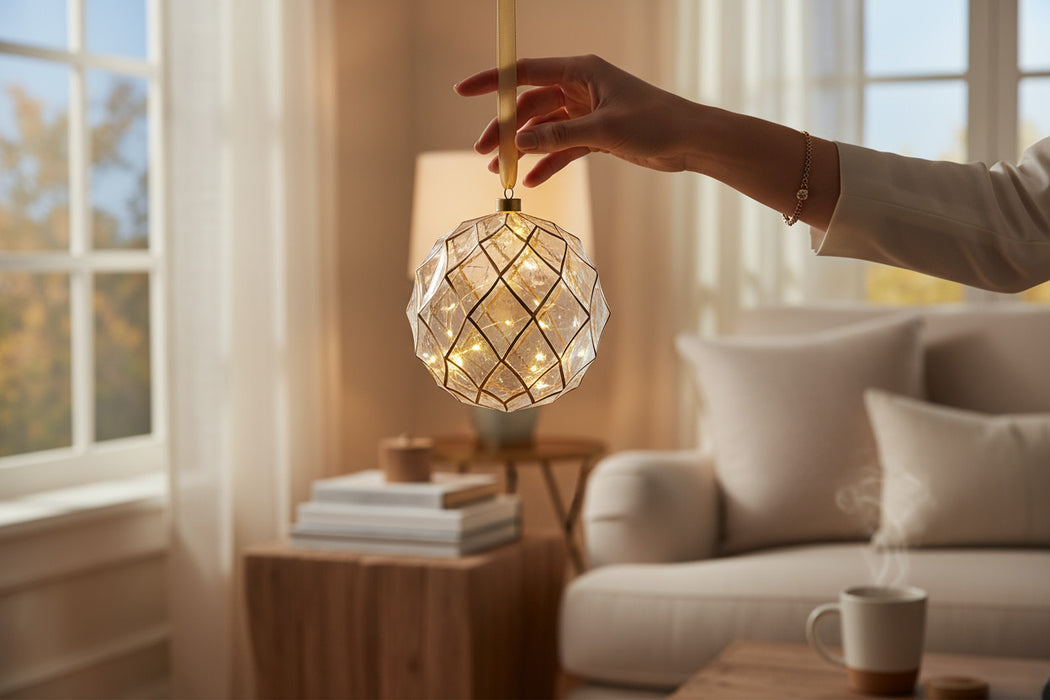 KI-generiertes Bild,XL Deko Glas Lichtkugel 30LED 14cm Gold Klar Glaskugel Timer Batterie Anhängen