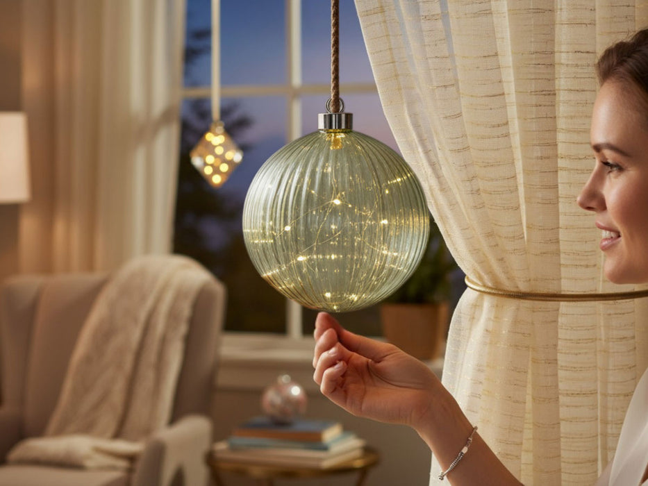 KI-generiertes Bild,XL Deko Glas Lichtkugel 40LED 20cm Grün Silber Glaskugel Timer Batterie Anhängen