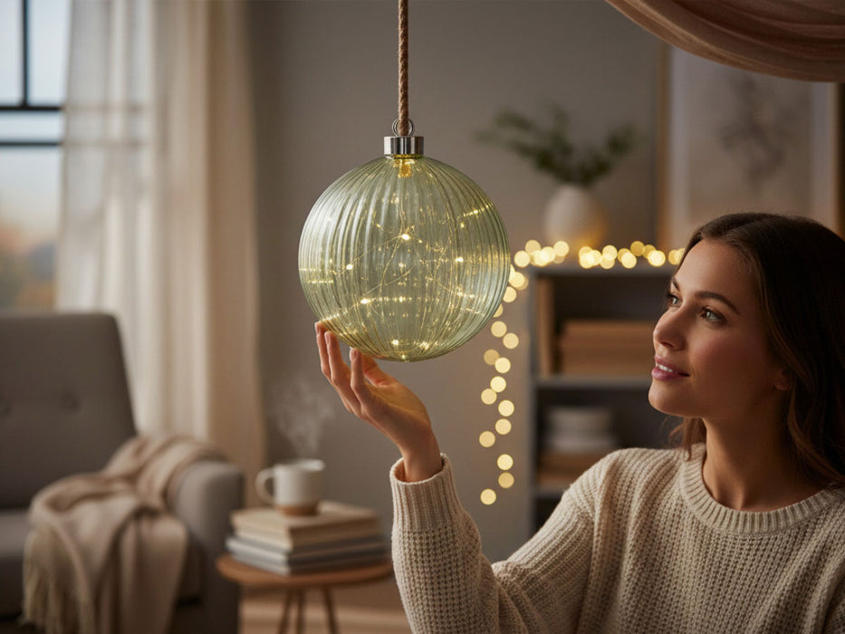 KI-generiertes Bild,XL Deko Glas Lichtkugel 40LED 20cm Grün Silber Glaskugel Timer Batterie Anhängen