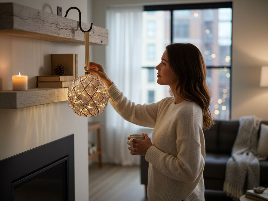 KI-generiertes Bild,XL Deko Glas Lichtkugel 40LED 20cm Klar Gold Glaskugel Timer Batterie Anhängen