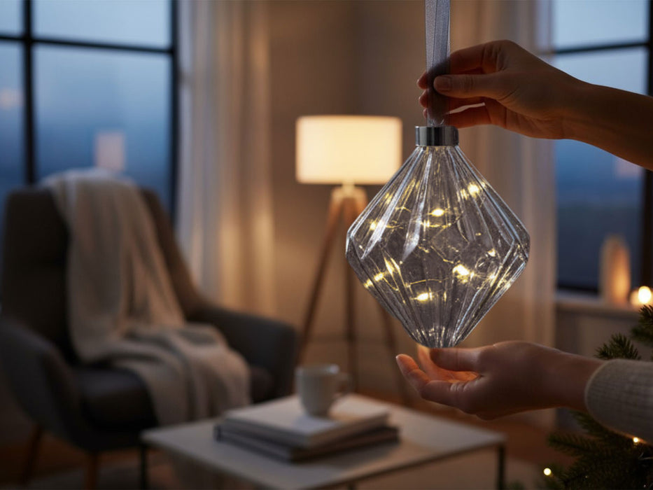 KI-generiertes Bild,XL Deko Glas Lichtkugel 20LED 16cm Diamant Grau Glaskugel Timer Batterie Anhängen