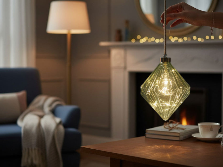 KI-generiertes Bild,XL Deko Glas Lichtkugel 15LED 16cm Diamant Grün Glaskugel Timer Batterie Anhängen