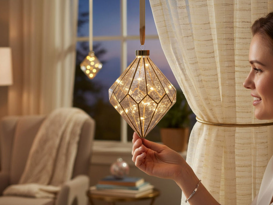 KI-generiertes Bild,XL Deko Glas Lichtkugel 15 LED 16cm Diamant Klar Gold Timer Batterie Gold zum Anhängen
