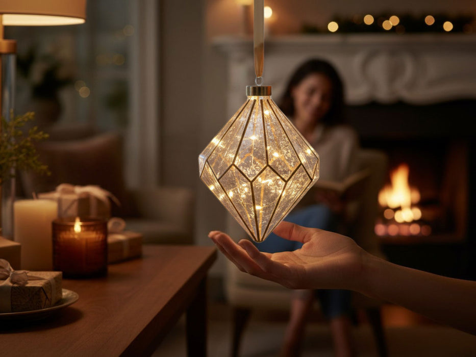 KI-generiertes Bild,XL Deko Glas Lichtkugel 15 LED 16cm Diamant Klar Gold Timer Batterie Gold zum Anhängen