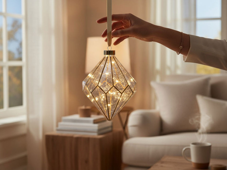 KI-generiertes Bild,XL Deko Glas Lichtkugel 15 LED 16cm Diamant Klar Gold Timer Batterie Gold zum Anhängen