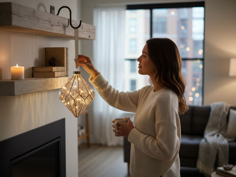 KI-generiertes Bild,XL Deko Glas Lichtkugel 15 LED 16cm Diamant Klar Gold Timer Batterie Gold zum Anhängen