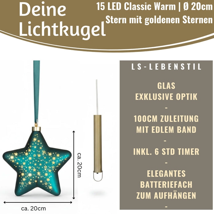 KI-generiertes Bild,XL Deko Glas Lichtkugel 15LED 15cm Herz Petrol Gold Sterne Timer Batterie Anhängen
