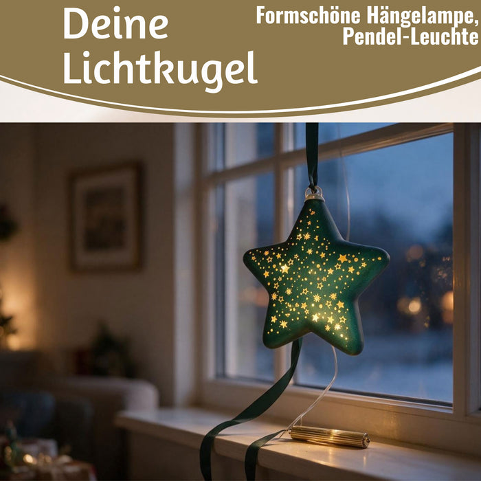 KI-generiertes Bild,XL Deko Glas Lichtkugel 15LED 15cm Herz Petrol Gold Sterne Timer Batterie Anhängen