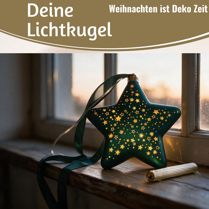 KI-generiertes Bild,XL Deko Glas Lichtkugel 15LED 15cm Herz Petrol Gold Sterne Timer Batterie Anhängen