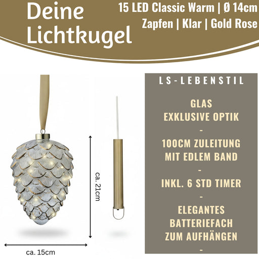 KI-generiertes Bild,XL Deko Glas Lichtkugel 15 LED 21cm Zapfen Klar Gold Timer Batterie Gold zum Anhängen