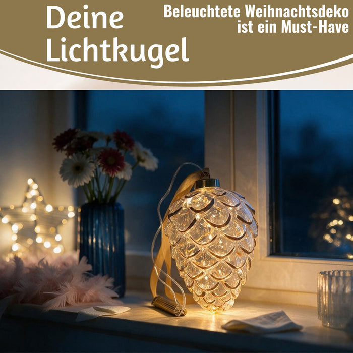 KI-generiertes Bild,XL Deko Glas Lichtkugel 15 LED 21cm Zapfen Klar Gold Timer Batterie Gold zum Anhängen
