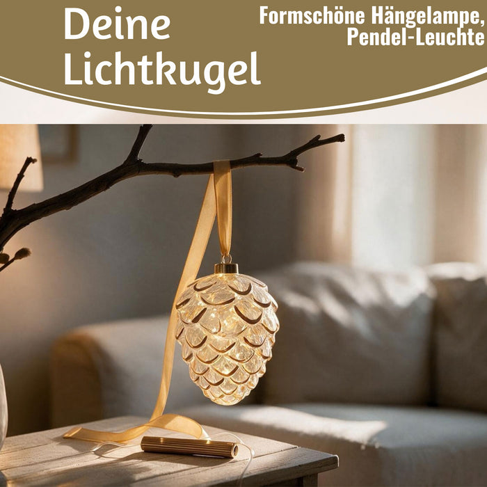 KI-generiertes Bild,XL Deko Glas Lichtkugel 15 LED 21cm Zapfen Klar Gold Timer Batterie Gold zum Anhängen