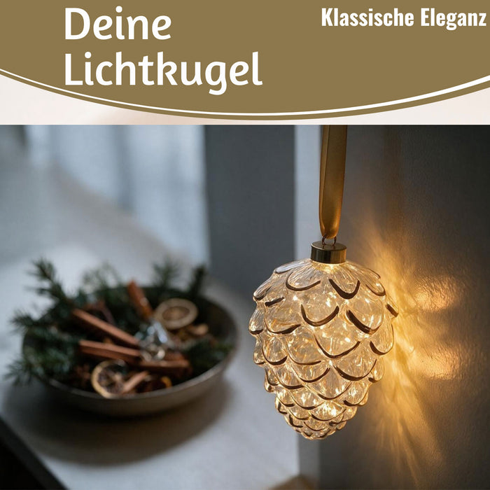 KI-generiertes Bild,XL Deko Glas Lichtkugel 15 LED 21cm Zapfen Klar Gold Timer Batterie Gold zum Anhängen