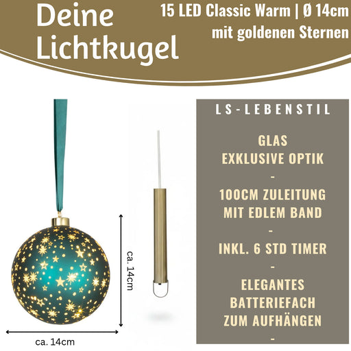 KI-generiertes Bild,XL Deko Glas Lichtkugel 15LED 15cm Herz Petrol Gold Sterne Timer Batterie Anhängen