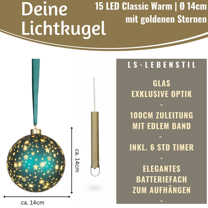 KI-generiertes Bild,XL Deko Glas Lichtkugel 15LED 15cm Herz Petrol Gold Sterne Timer Batterie Anhängen