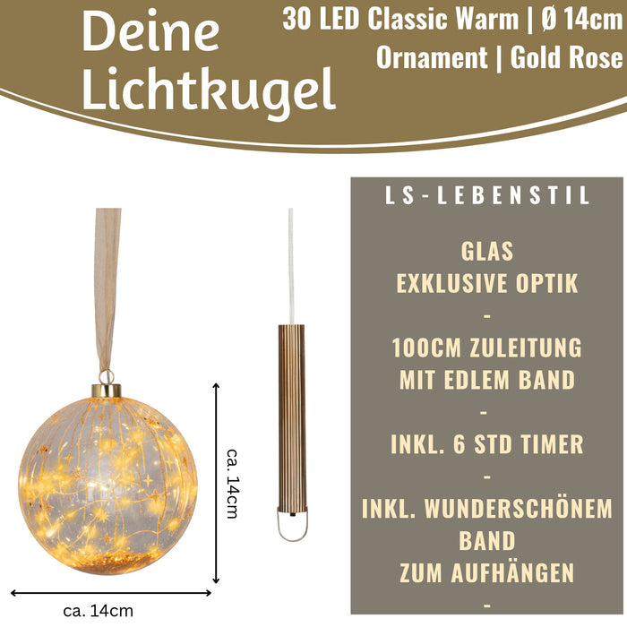 KI-generiertes Bild,XL Deko Glas Lichtkugel 30LED 14cm Gold Rose Glaskugel Timer Batterie Anhängen