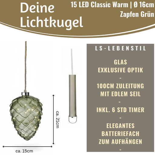 KI-generiertes Bild,XL Deko Glas Lichtkugel 15LED 15cm Zapfen  Grün Silber Glaskugel Timer Batterie Anhängen