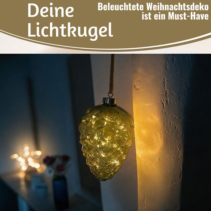 KI-generiertes Bild,XL Deko Glas Lichtkugel 15LED 15cm Zapfen  Grün Silber Glaskugel Timer Batterie Anhängen