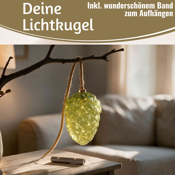 KI-generiertes Bild,XL Deko Glas Lichtkugel 15LED 15cm Zapfen  Grün Silber Glaskugel Timer Batterie Anhängen
