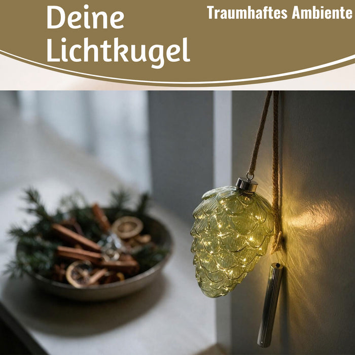 KI-generiertes Bild,XL Deko Glas Lichtkugel 15LED 15cm Zapfen  Grün Silber Glaskugel Timer Batterie Anhängen