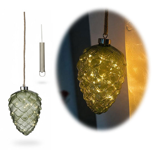 KI-generiertes Bild XL Deko Glas Lichtkugel 15LED 21cm Zapfen Grün Silber Glaskugel Timer Batterie Anhängen
