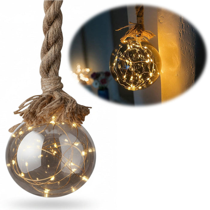 KI-generiertes Bild XL LED Deko Glas Lichtkugel 14cm Hanf-Tau Timer WarmWeiß Batterie Sisal-Seil