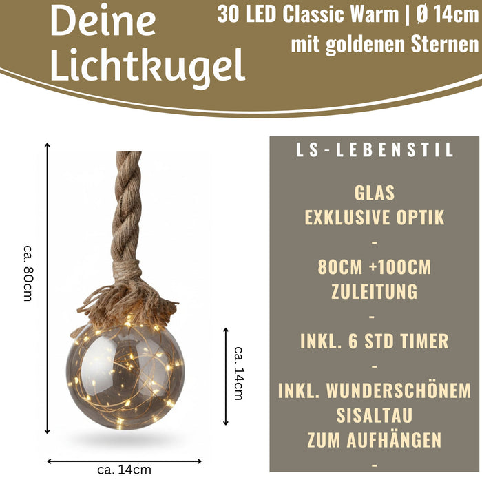 KI-generiertes Bild,XL LED Deko Glas Licht-Kugel 14cm Hanf-Tau Timer WarmWeiß Batterie Sisal-Seil